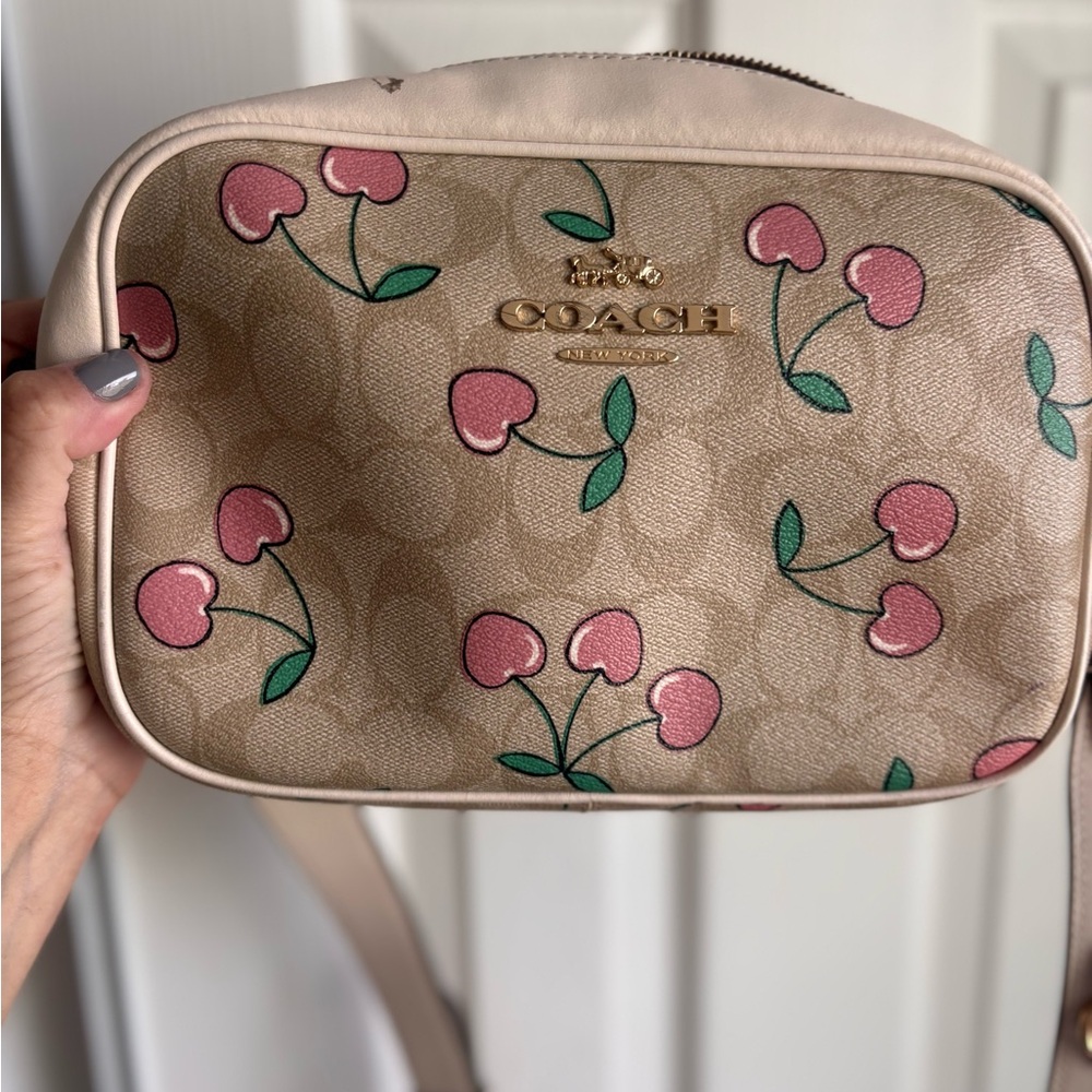 Coach Beige Crossbody Bag with Pink Cherry Motif
